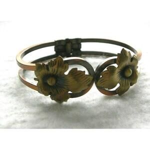 Vintage Renior Copper Hinged Bracelet Brass Leaves 1" Wide